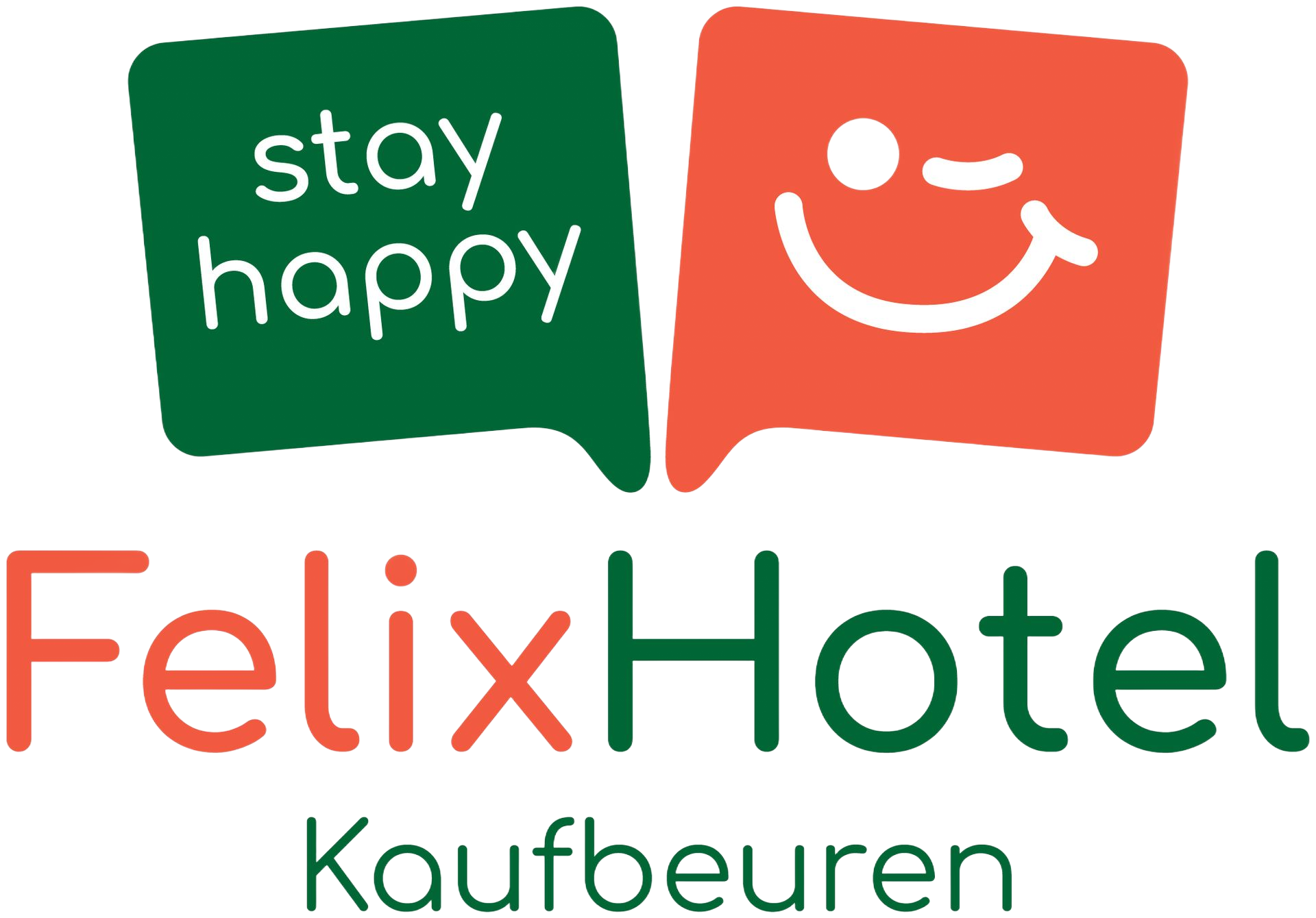 Felix Hotel Kaufbeuren Logo mit grünem „Stay Happy“- und orangefarbenem Smiley-Symbol