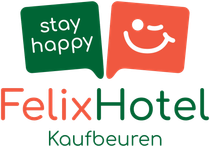 Felix Hotel Kaufbeuren Logo mit grünem „Stay Happy“- und orangefarbenem Smiley-Symbol
