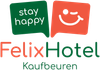 Felix Hotel Kaufbeuren Logo mit grünem „Stay Happy“- und orangefarbenem Smiley-Symbol