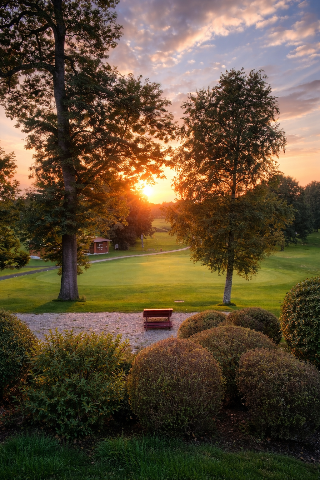 Sonnenuntergang über einem gepflegten Garten mit gestutzten Sträuchern, Bäumen und einer Bank auf einer Rasenfläche.