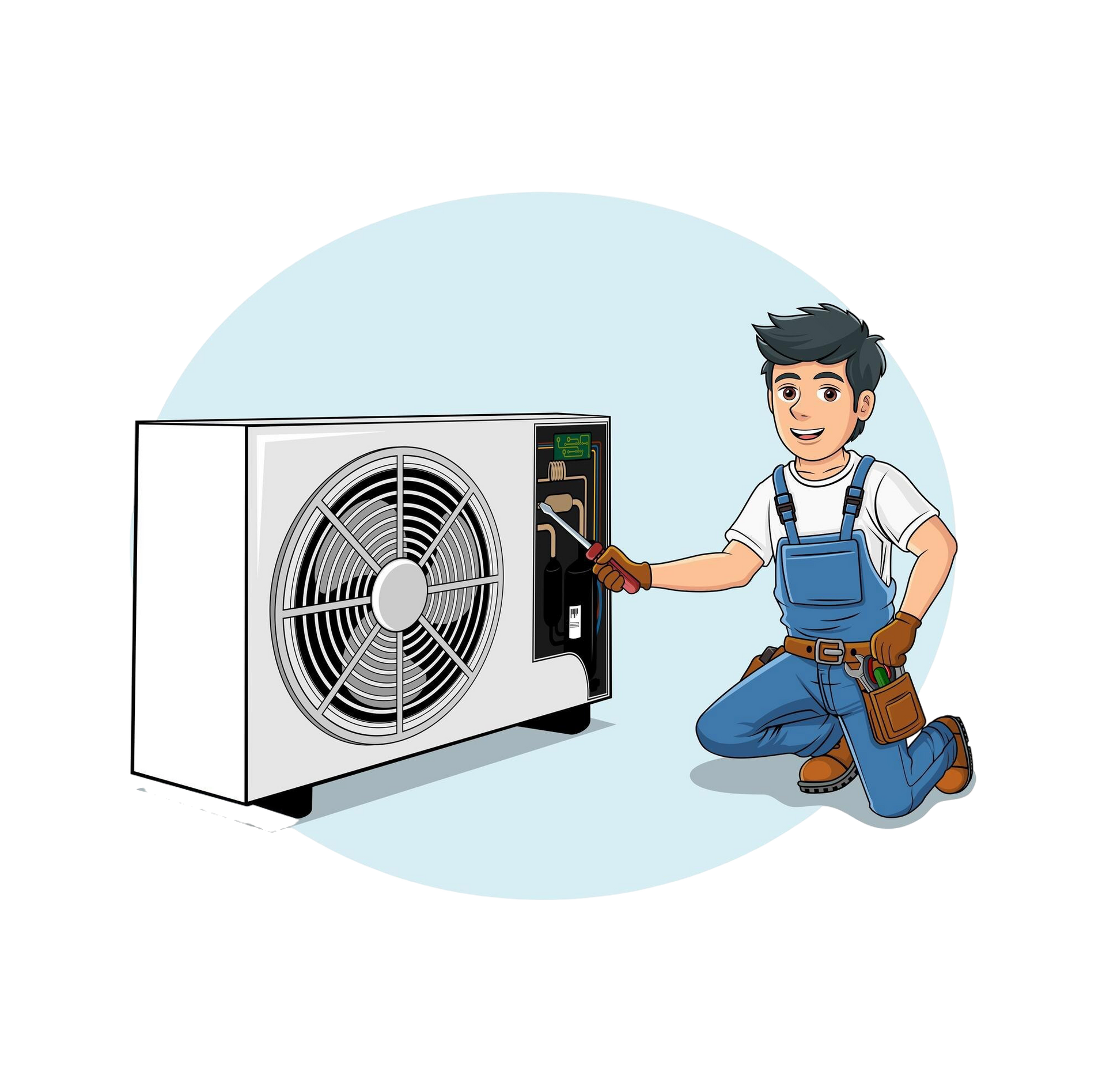 A cartoon illustration of a man repairing an air conditioner.