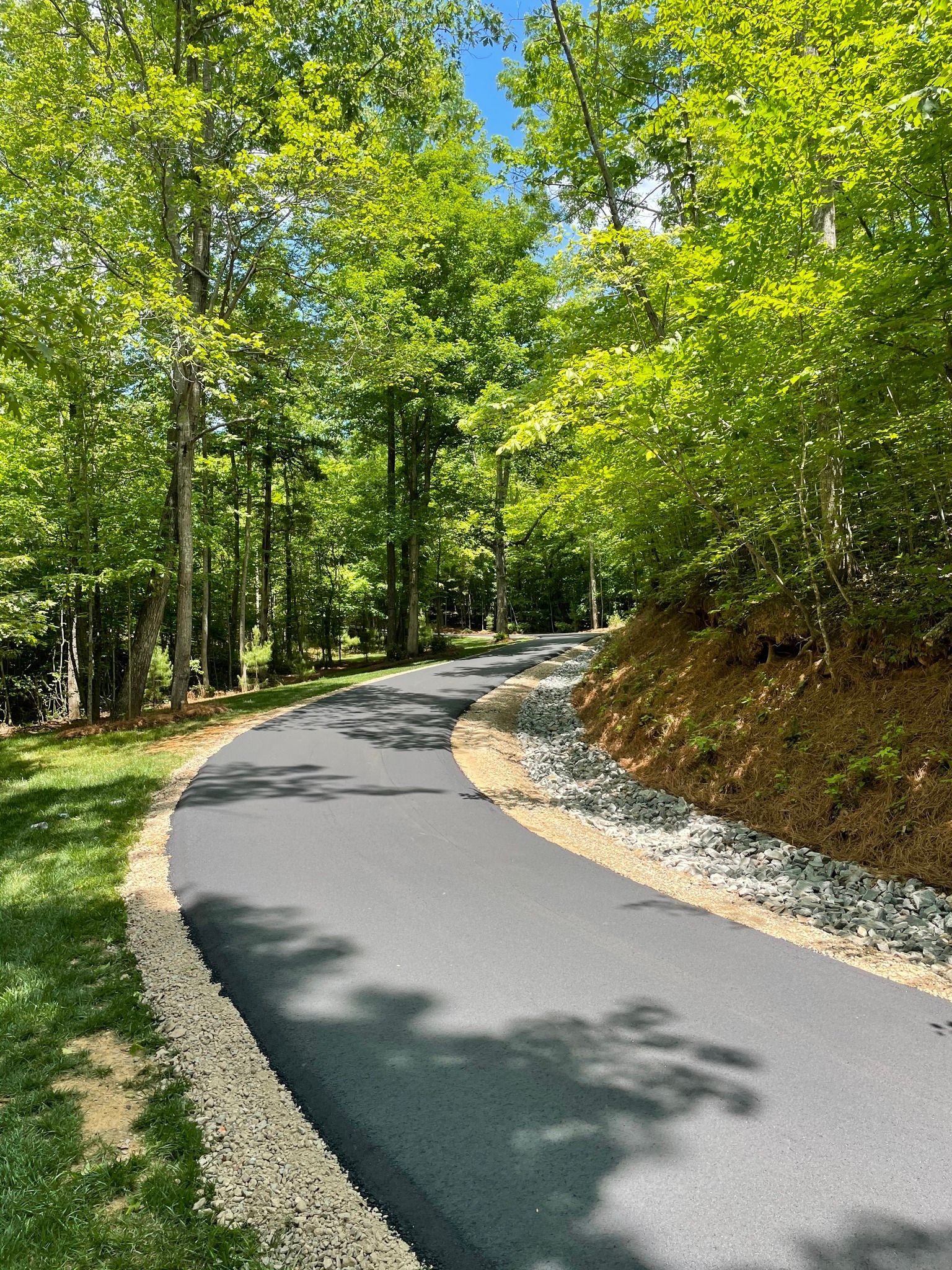 Paved road curves through a forest with green trees and a sunny sky. Gravel borders the road.