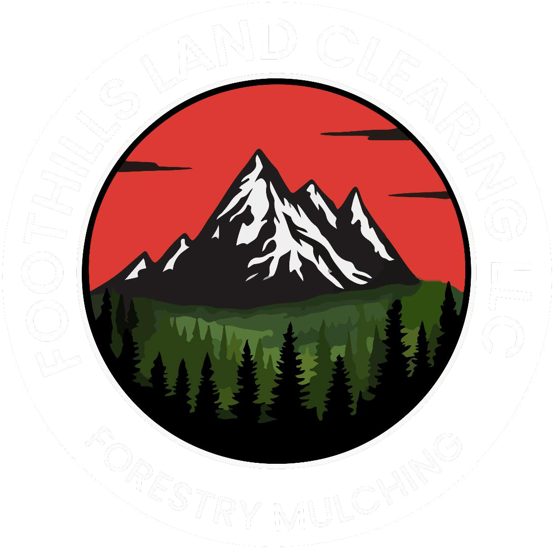Mountains over a forest at sunset, in a circular logo for Northwood Property Works.