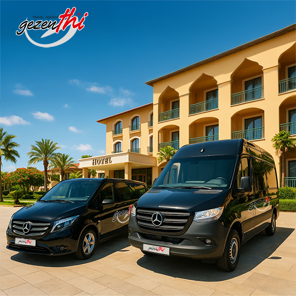 Gezenthi Travel's tour vehicles are in front of the hotel