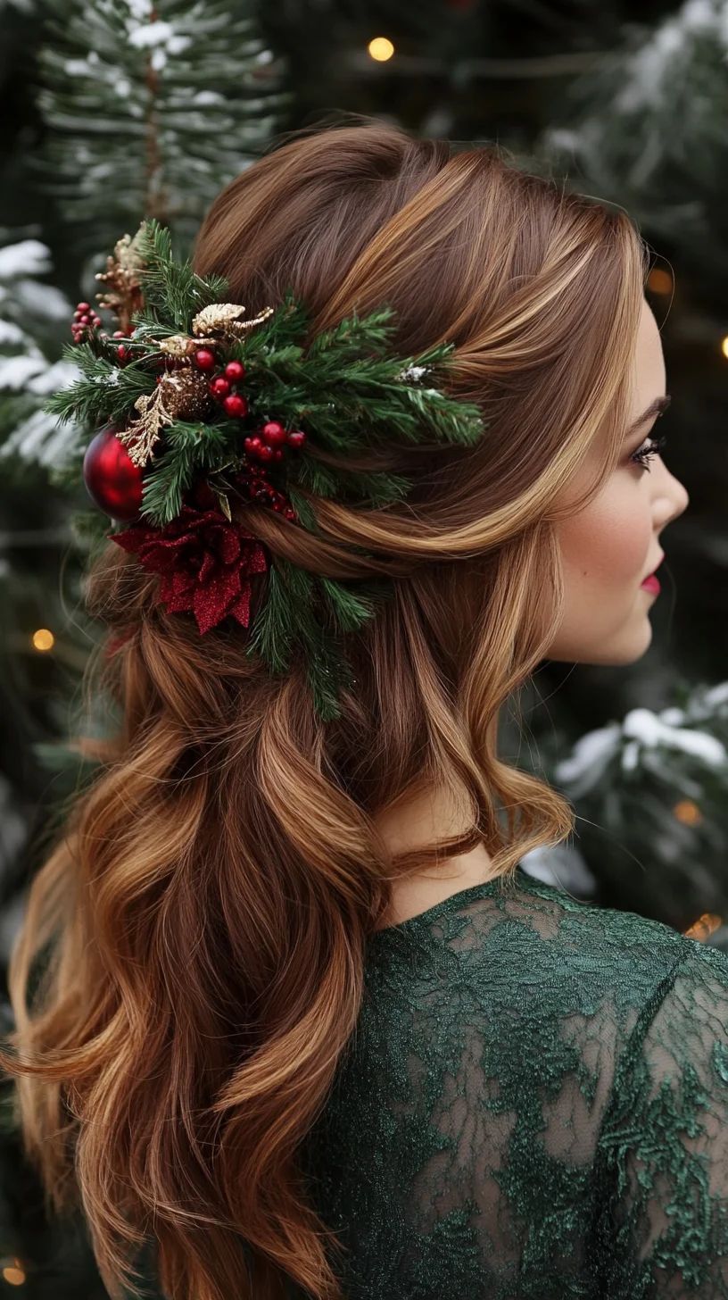 Festive half up style with soft waves and Christmas greenery, perfect for a natural and elegant part