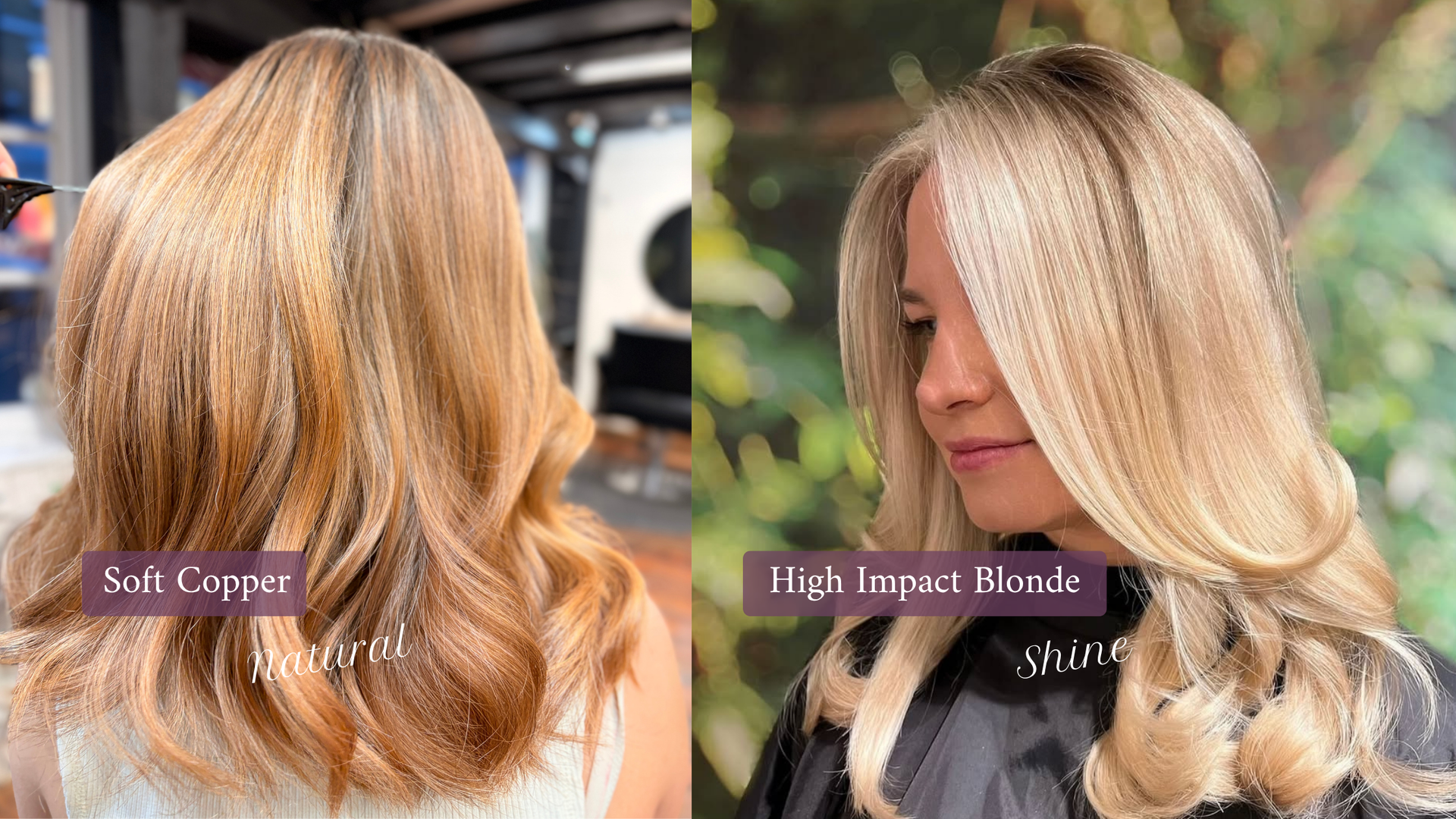 Smooth blonde and soft copper hair with soft curls and shine, showing a healthy, polished finish after professional styling.