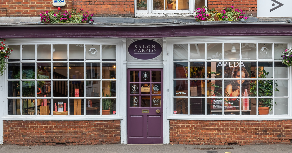 Front view of Salon Cabelo in Farnham – an Aveda hair salon offering natural, vegan haircare, colour