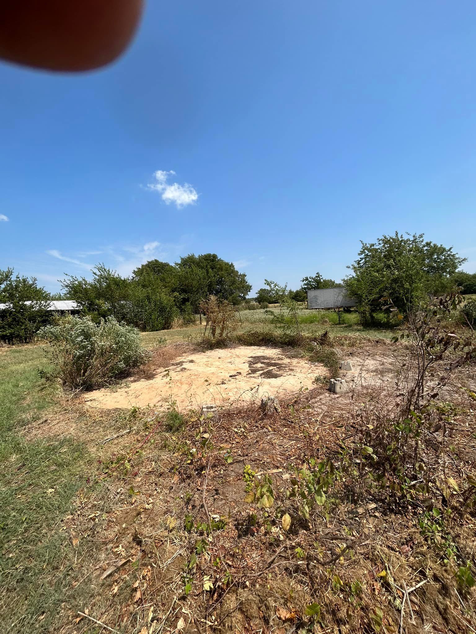 A person is pointing at a small pond in the middle of a field.