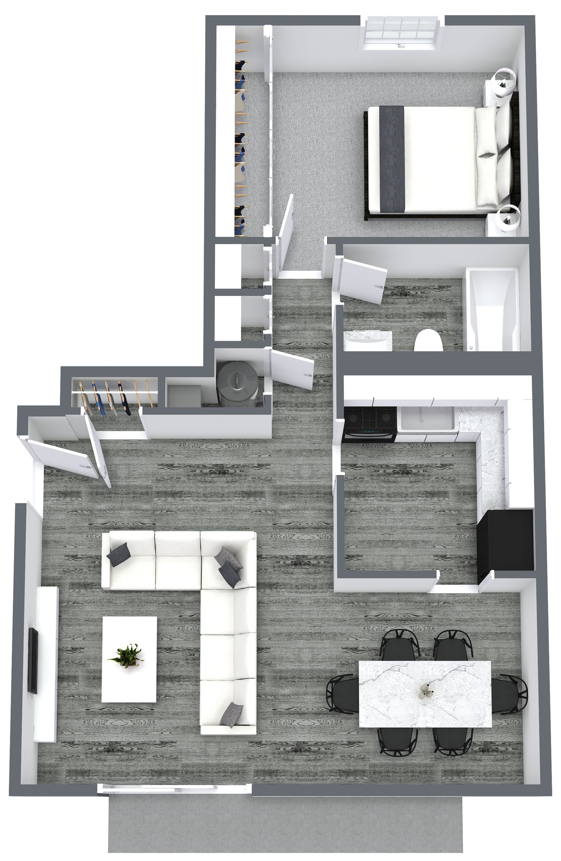Floor plan of a one-bedroom apartment with living, dining, kitchen, bedroom, and bathroom.