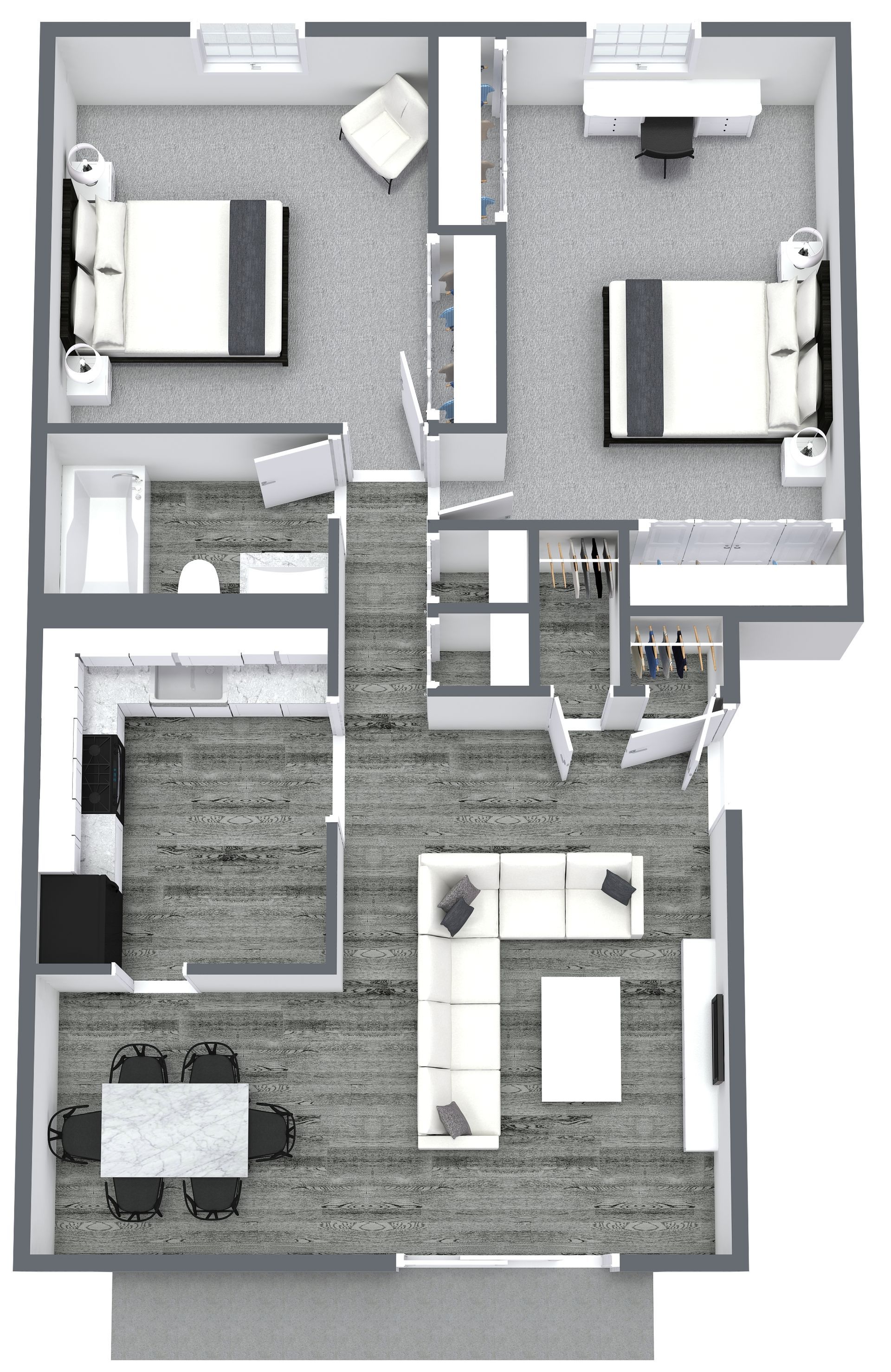 Floor plan of a modern apartment with two bedrooms, a kitchen, and a living area, in gray tones.