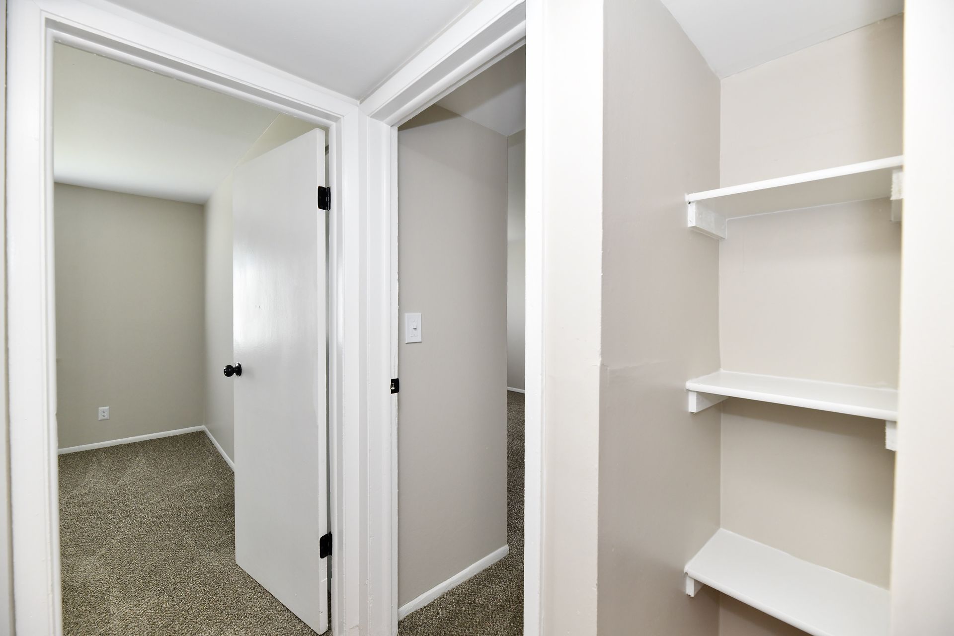 Hallway with an open door to a carpeted room, a closet with shelves, and neutral-colored walls.