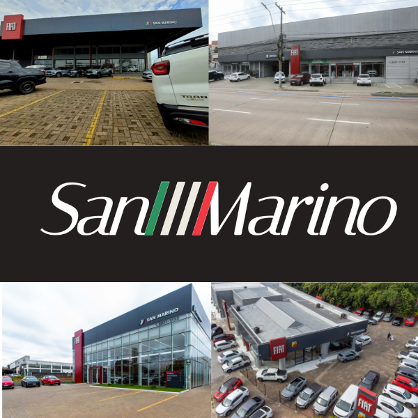 Uma colagem de fotos de uma concessionária de automóveis chamada San Marino