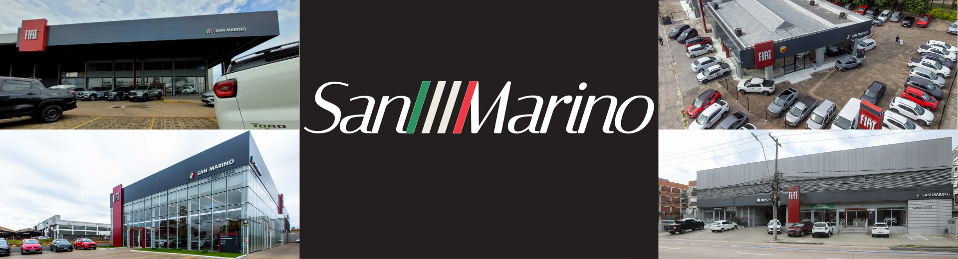 Uma colagem de fotos de uma concessionária de automóveis chamada San Marino