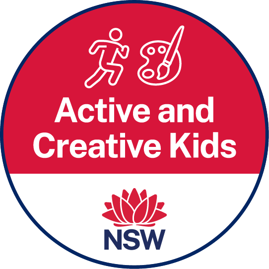 A red circle with the words active and creative kids on it