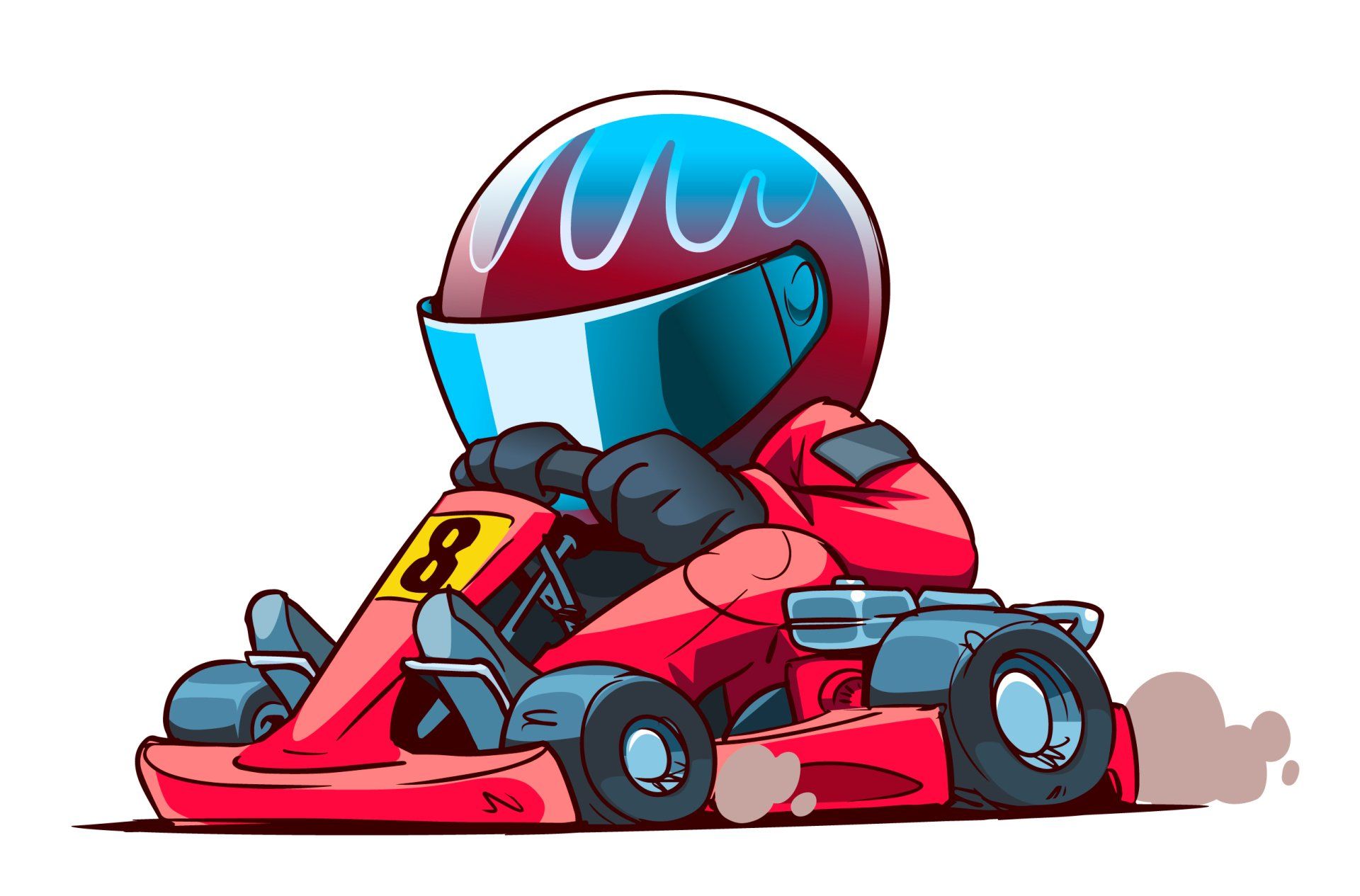 A cartoon illustration of a person riding a go kart.