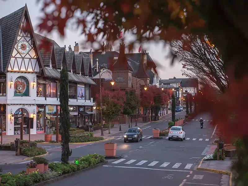 Rua com prédios em estilo europeu, carros e folhagem de outono em uma praça da cidade.