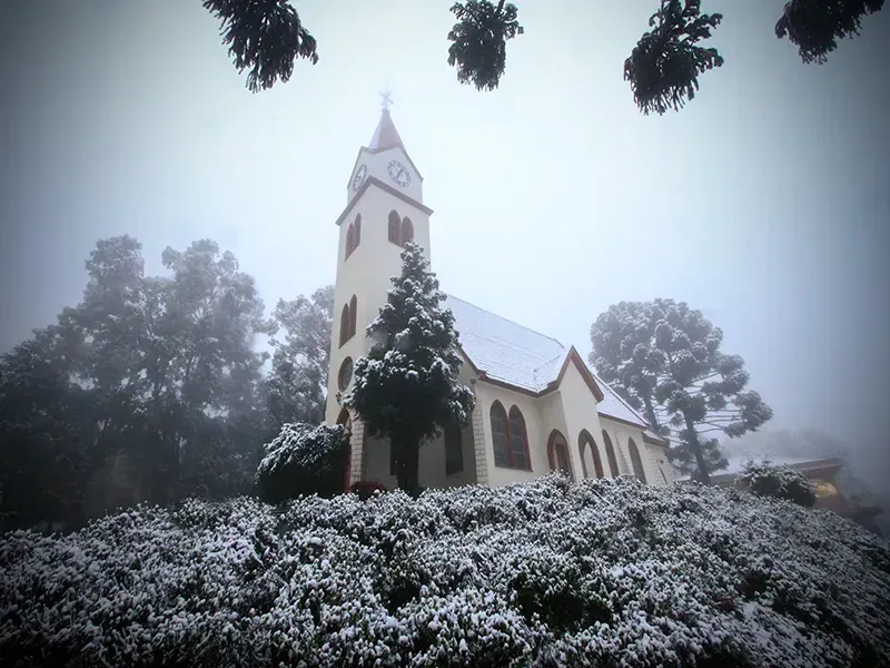 Igreja com torre do relógio em uma colina nevada, rodeada por árvores e neblina.
