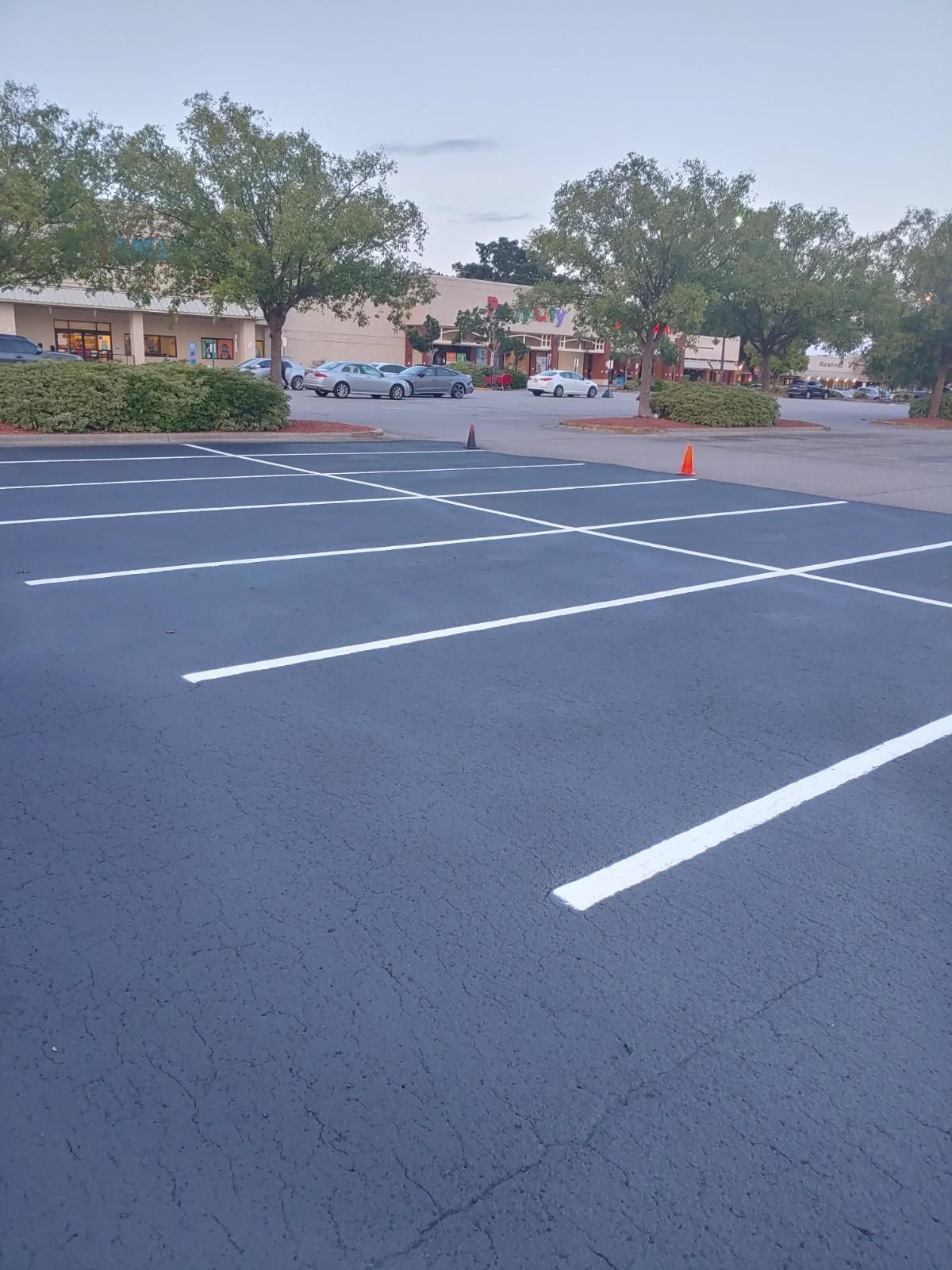 Empty parking lot with freshly painted white lines, trees, and buildings in the background.