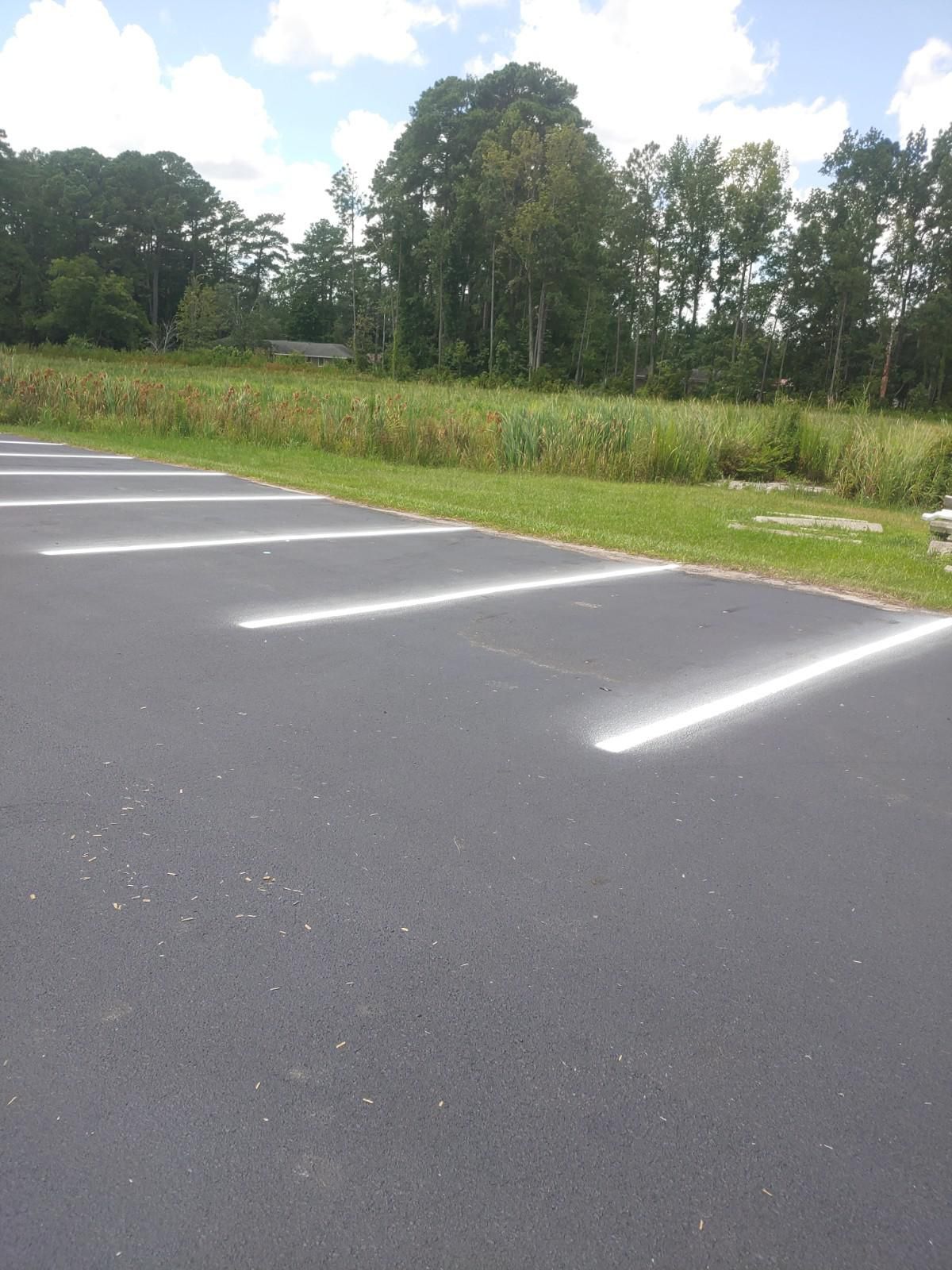 Asphalt parking lot with white painted parking space lines, grass, and trees.