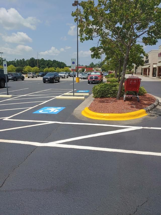 Parking lot with accessible parking spaces marked with blue symbols and yellow curbs. Target shopping cart near tree.
