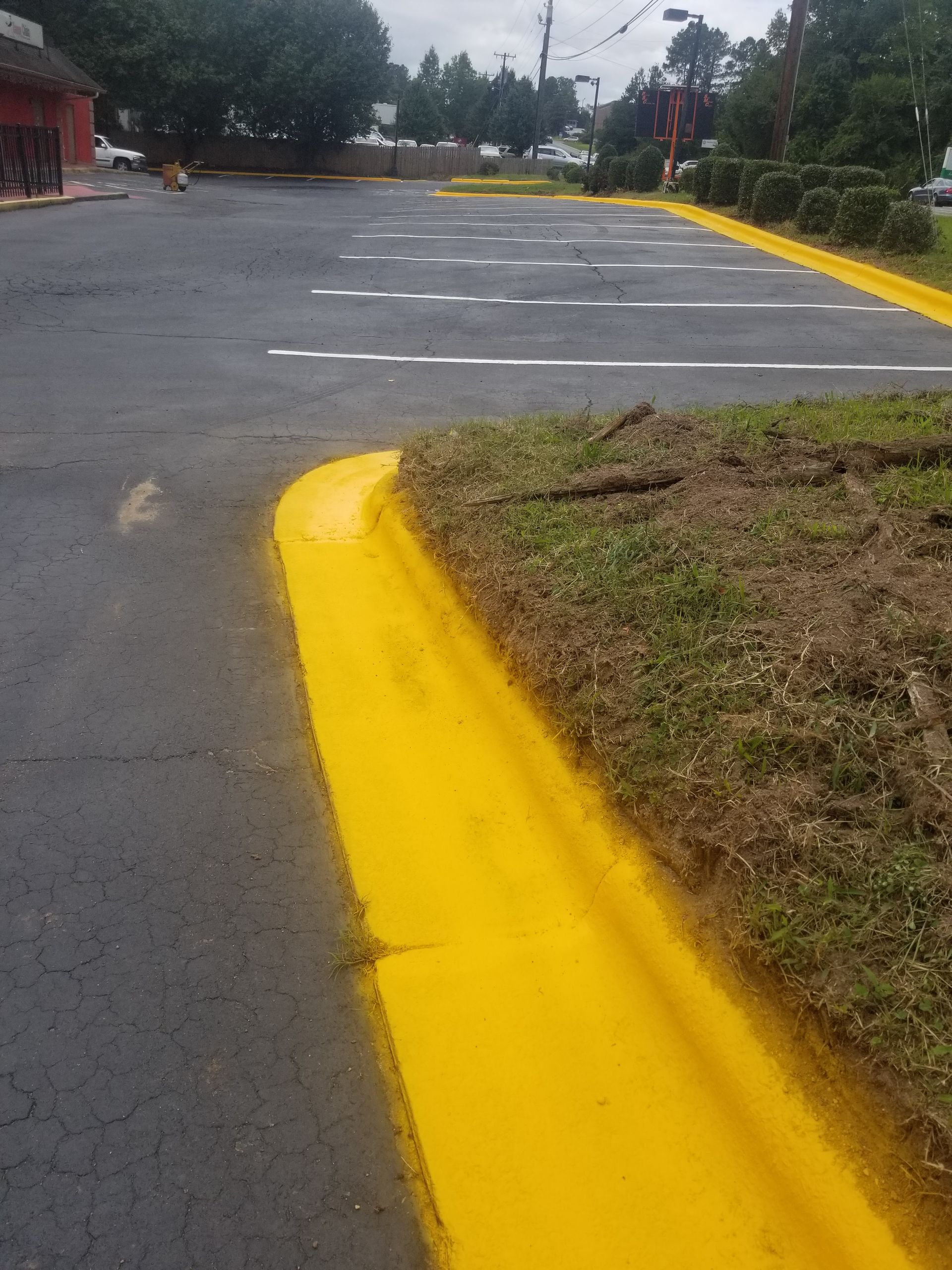 Yellow-painted curb and parking lines in a freshly paved asphalt parking lot. Grass and shrubs are on the right.