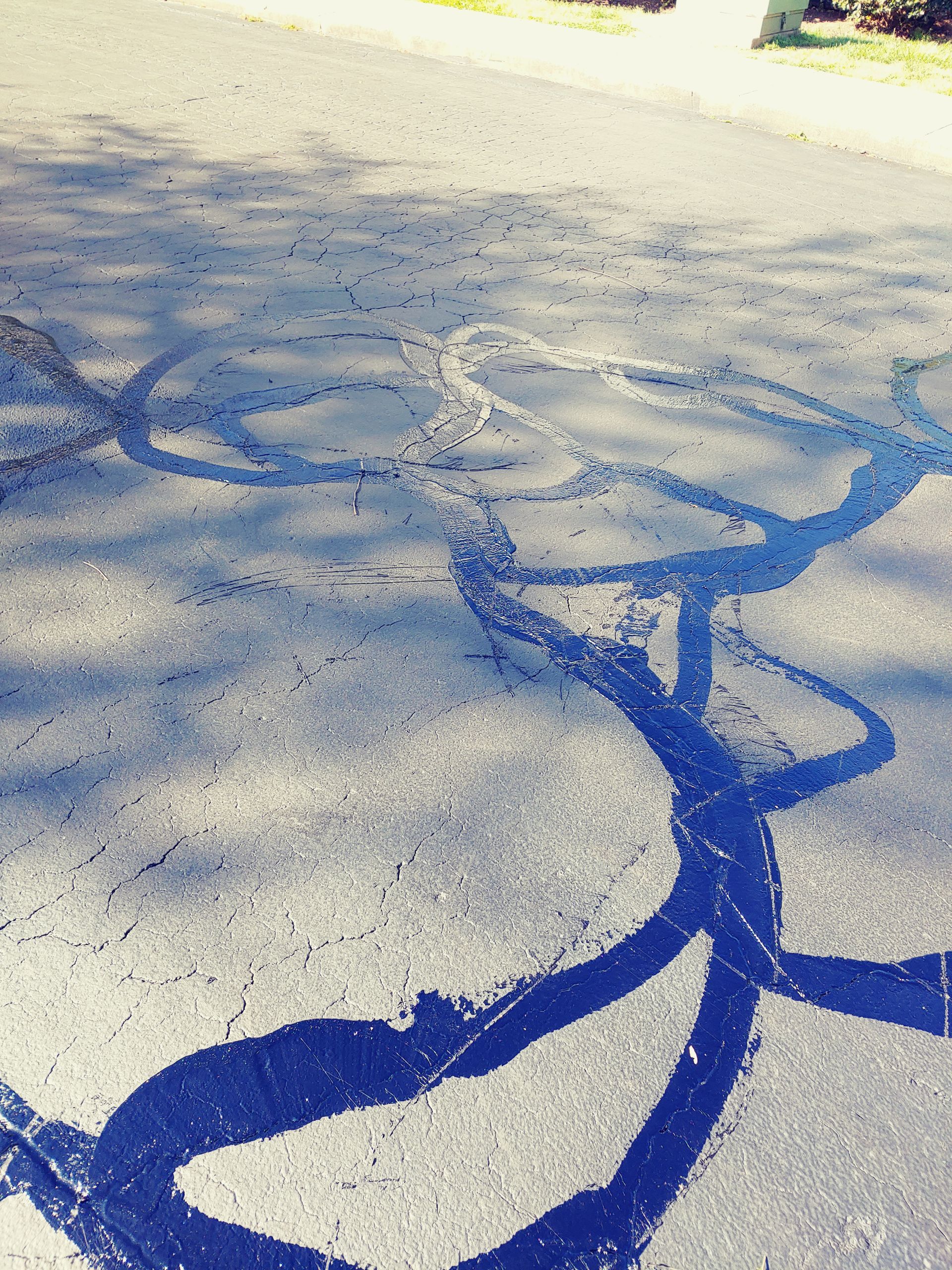 Dark blue paint outlines on asphalt.