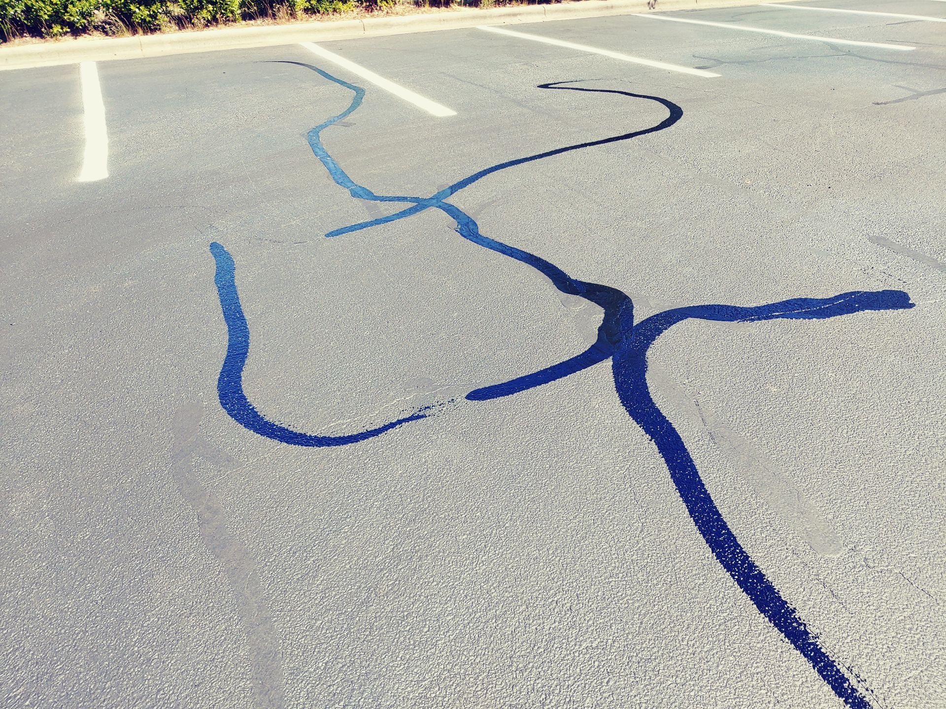 Dark blue sealant fills cracks in gray asphalt parking lot. White parking space lines visible.