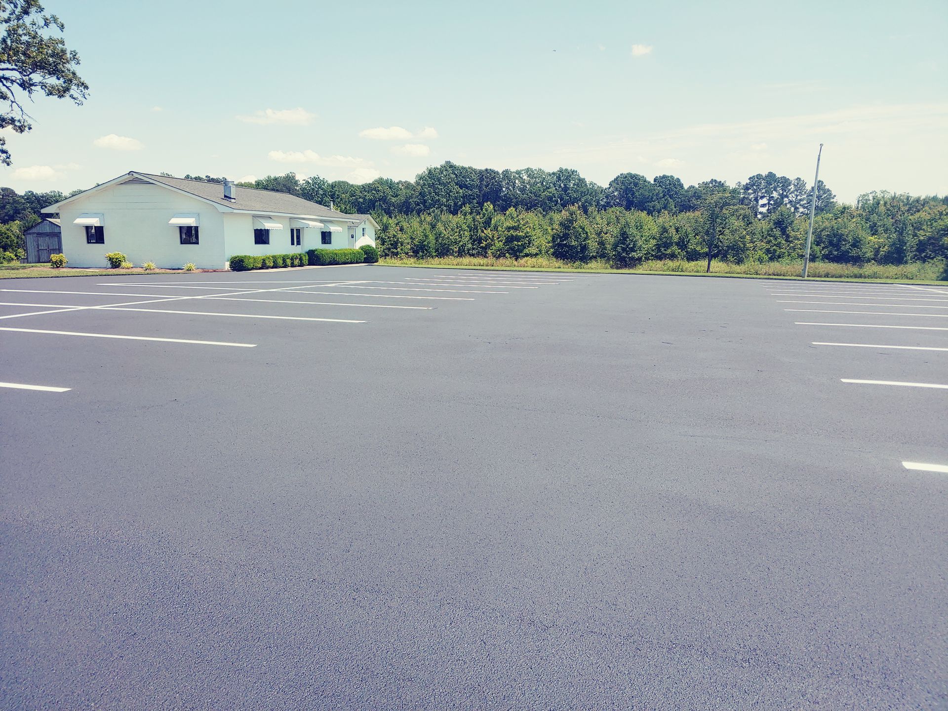Empty asphalt parking lot with white lines, light green building, and trees under blue sky.