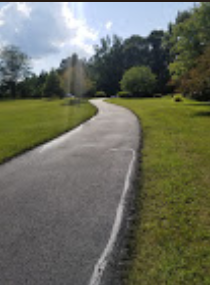 Asphalt path curves through a grassy park, leading toward trees under a cloudy sky.