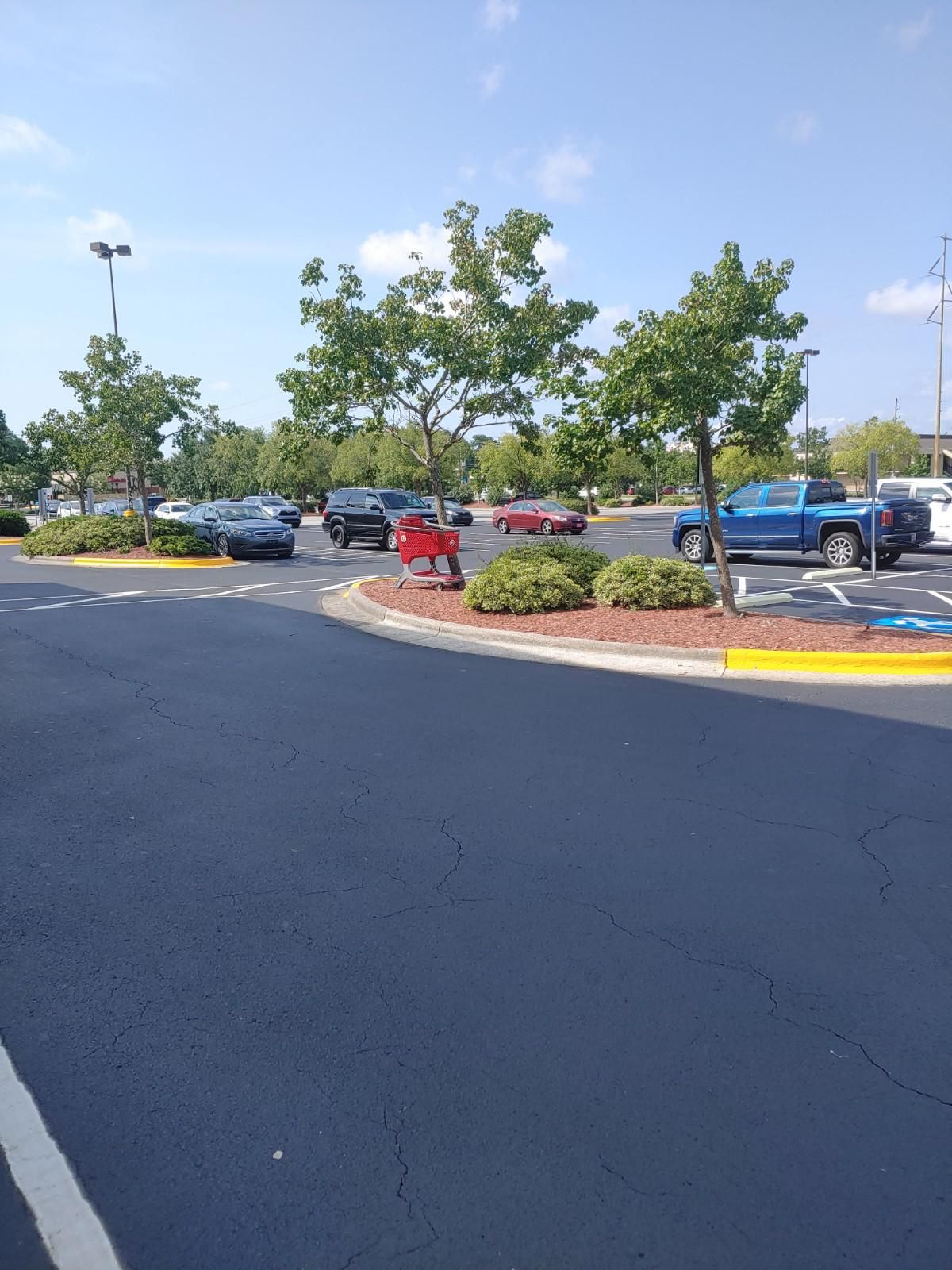 Shopping cart in a parking lot, near parked cars and trees, under a blue sky.