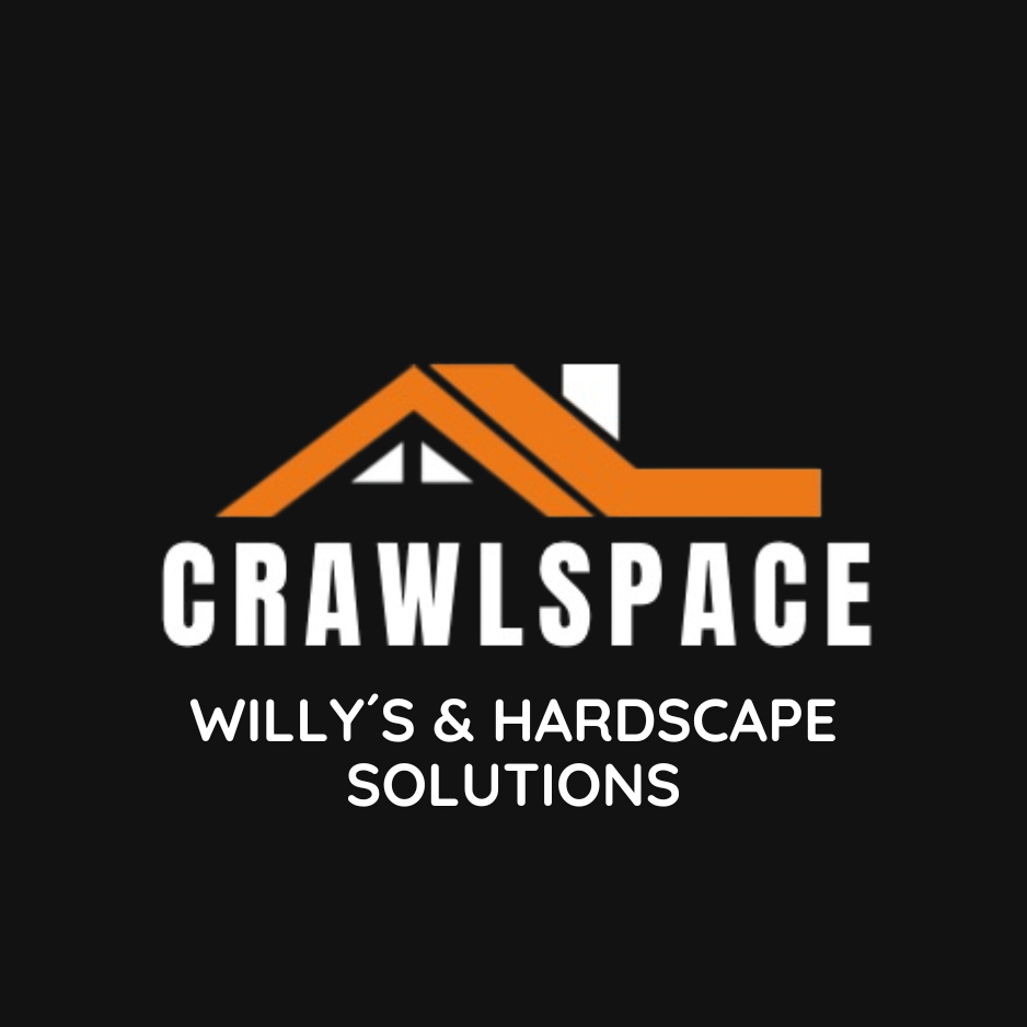 Logo: Orange roof over "CRAWLSPACE" text, "WILLY'S & HARDSCAPE SOLUTIONS" below, on black background.