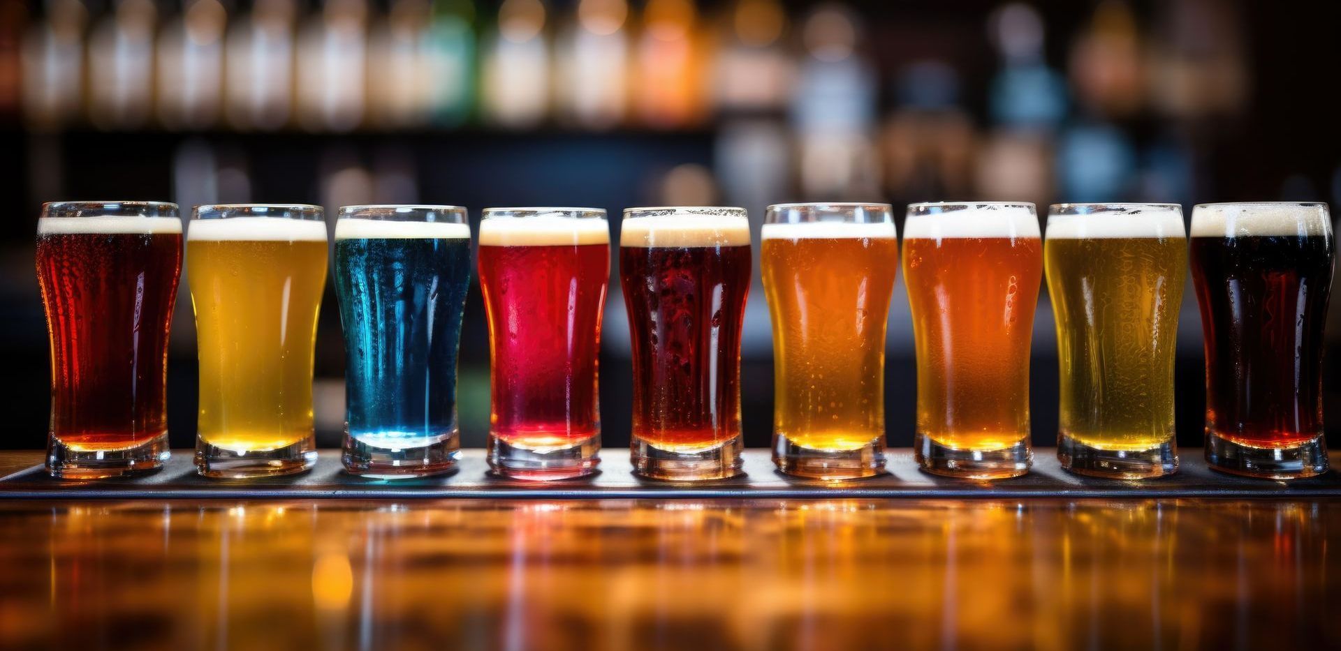 A row of glasses filled with different types of beer are lined up on a bar.