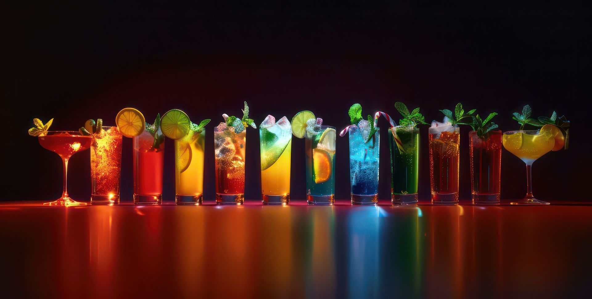 A row of colorful cocktails are lined up on a table.