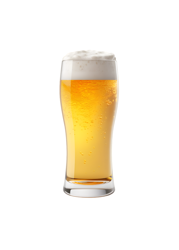 A glass of beer with foam on top on a white background.