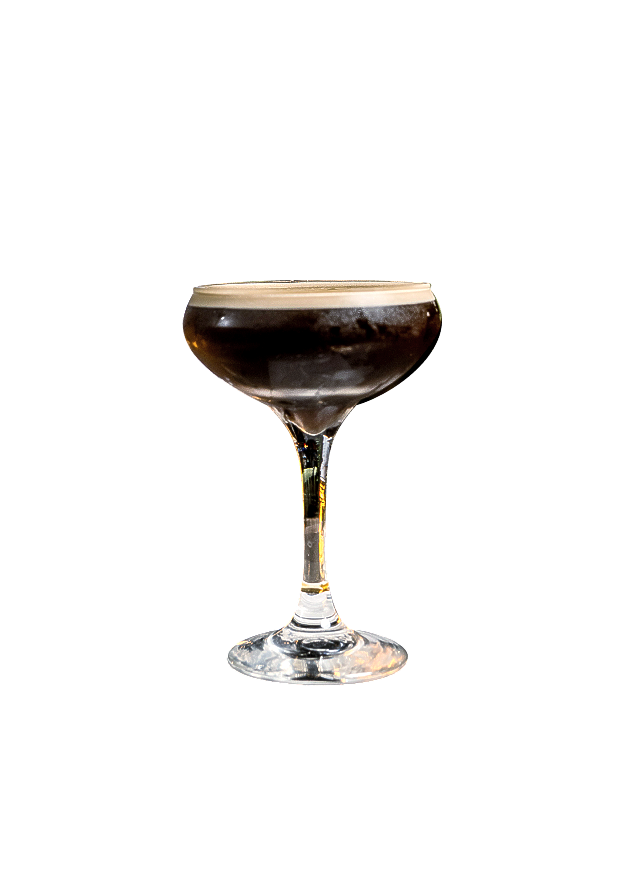 A martini glass filled with a drink on a white background.