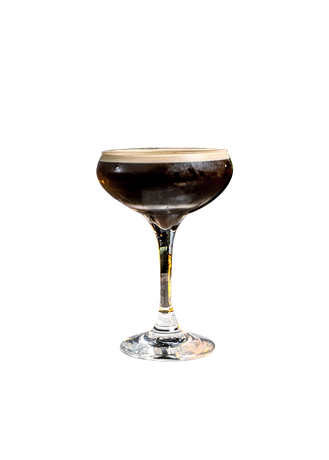 A martini glass filled with a drink on a white background.