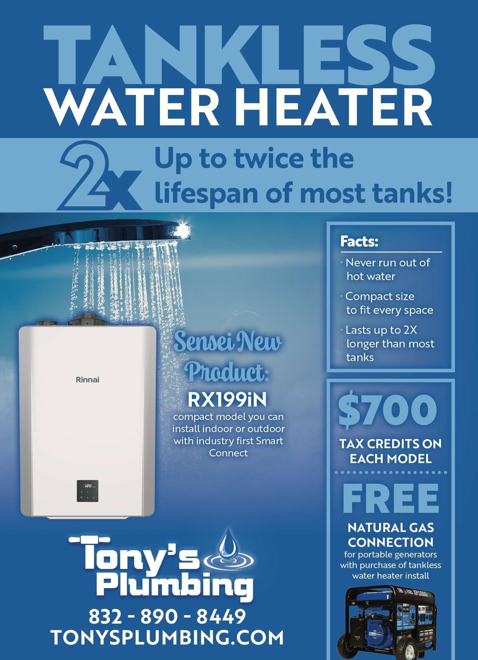 Advertisement for a tankless water heater, showing the product and information about its features.