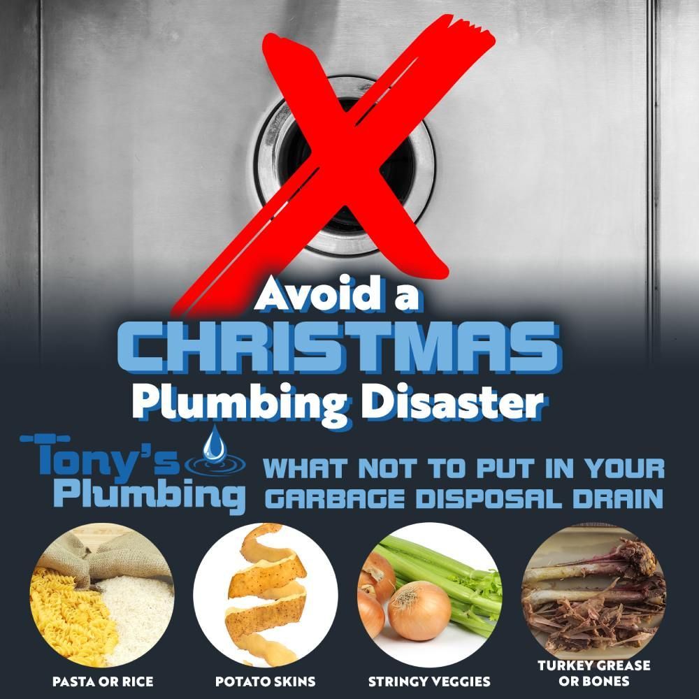 Infographic: Red X over a sink drain. Text warns about items to avoid: pasta, potato skins, stringy veggies, turkey grease.