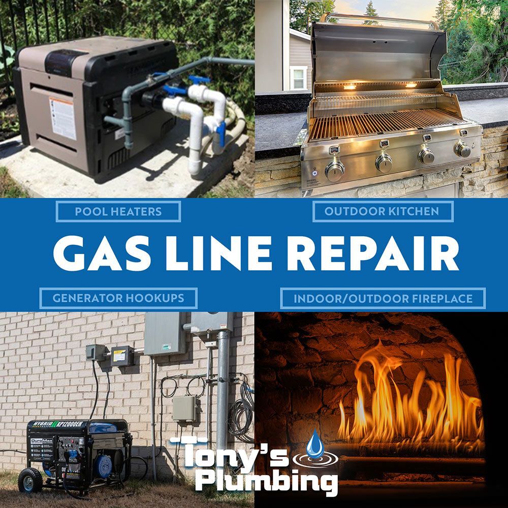 Gas line repair services advertised: pool heater, outdoor kitchen, generator hookups, and fireplace.