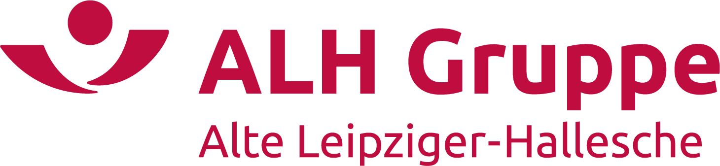 Logo der ALH Gruppe, einer deutschen Versicherungsgesellschaft, mit rotem Text und einer roten Grafik einer Person.