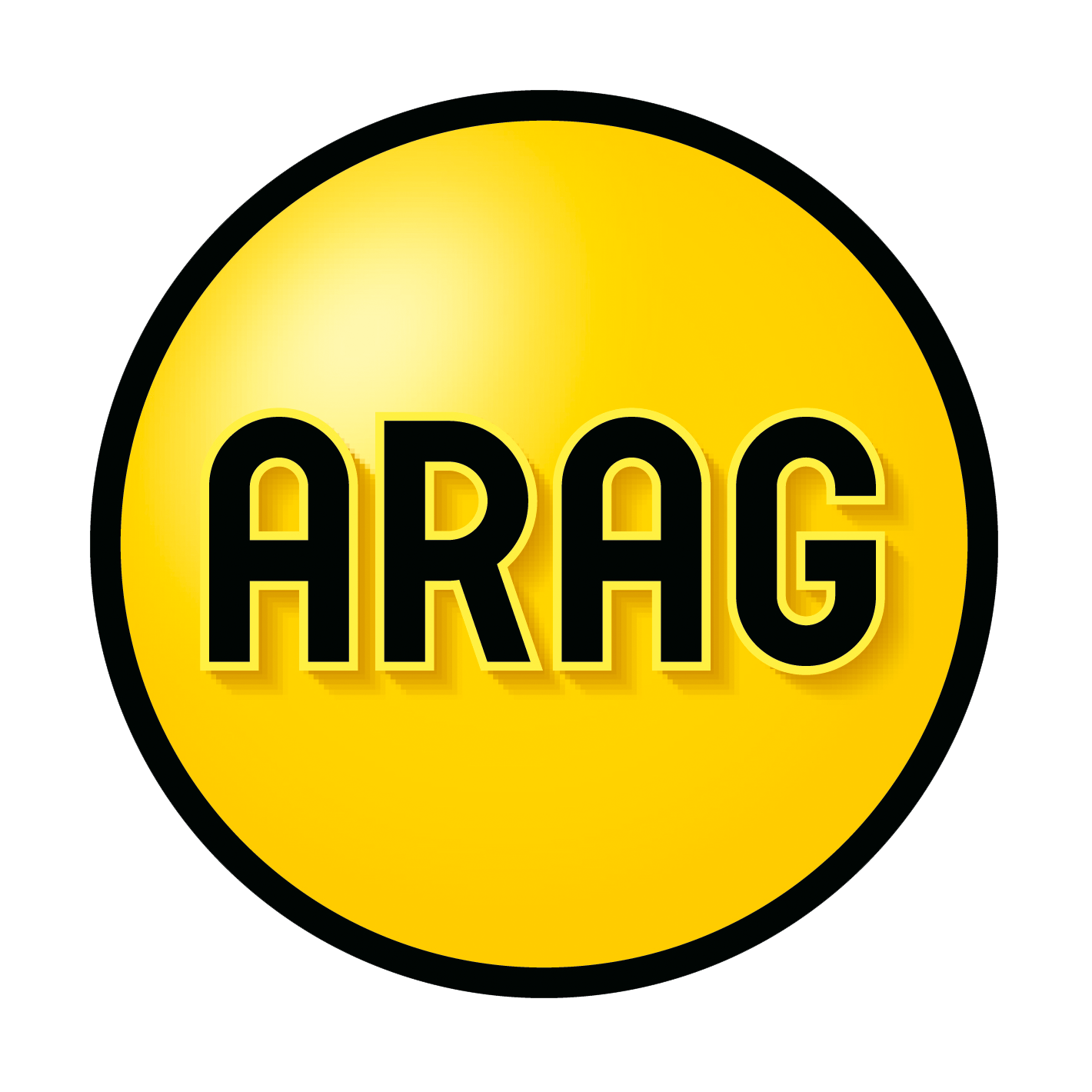 Gelber Kreis mit dem Wort „ARAG“ in fetter, schwarzer Schrift. Schwarzer Umriss.