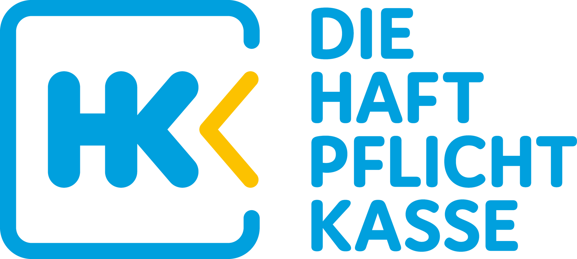 Logo der Haftpflichtkasse mit blauem „HK“ in einem Kasten und gelbem „<“ mit blauem Text rechts.