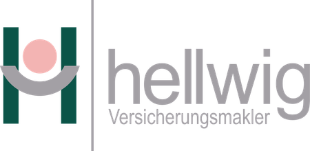 Logo des Versicherungsmaklers „hellwig“: „H“-Form mit einem rosa Punkt, einem grauen Lächeln und dem Wort „hellwig“.