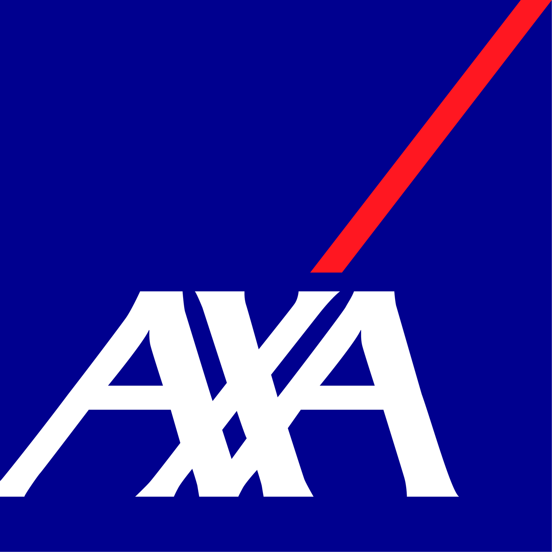 AXA-Logo: weiße Buchstaben auf blauem Hintergrund, rote diagonale Linie.