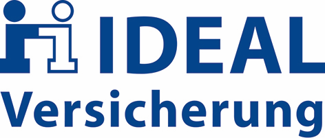 Logo der IDEAL Versicherung, einer deutschen Versicherungsgesellschaft. Blauer Text auf weißem Grund. Abbildungen links.