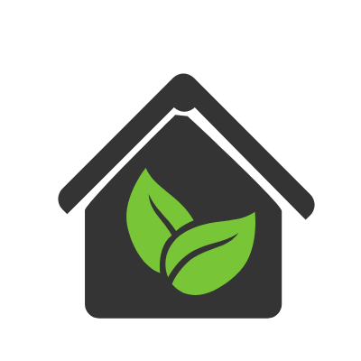 Graphic of a house with two green leaves on the side