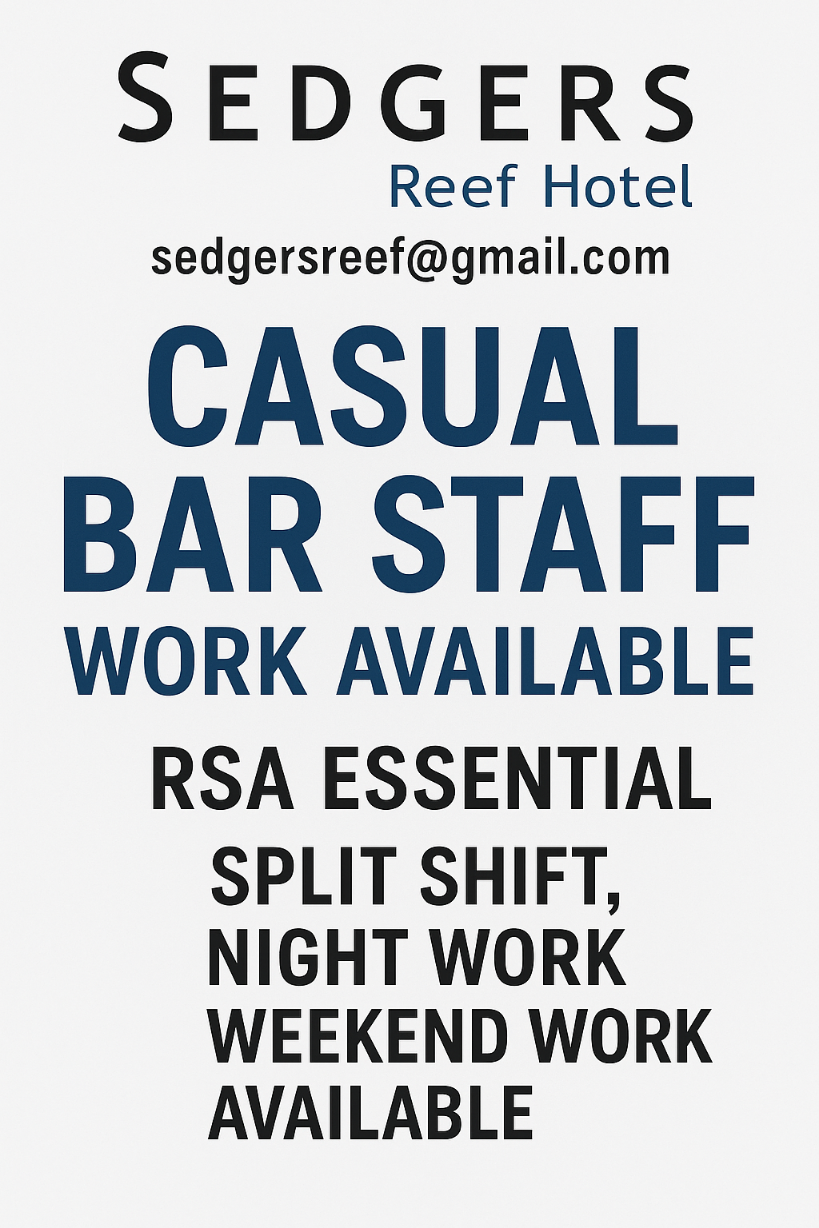 Job ad for bar staff at sedgers reef hotel