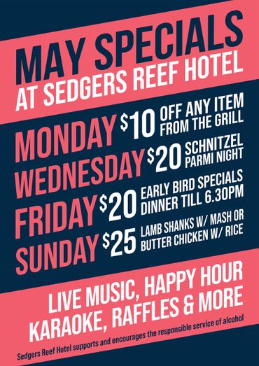 May specials at Segers Reef Hotel: food deals, live music, happy hour, karaoke and raffles on red and blue poster