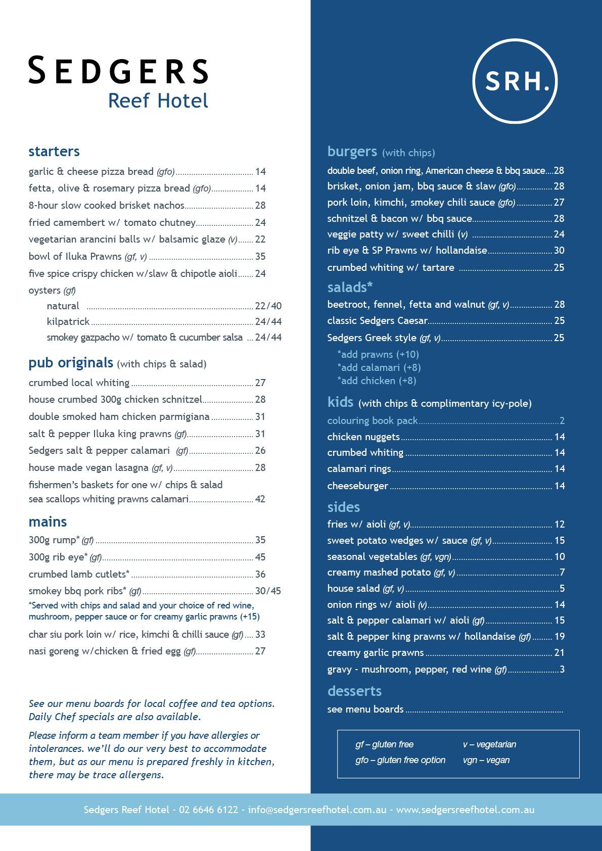 A blue and white menu for sedgers reef hotel