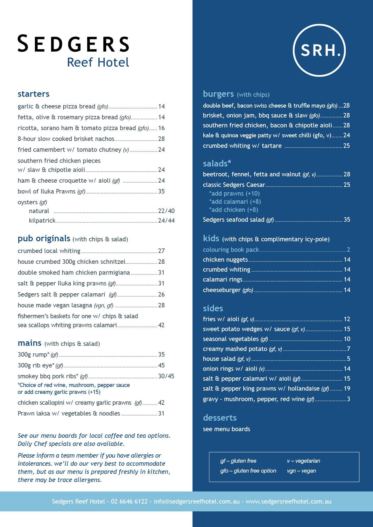 Sedgeres Menu | Sedgers Reef Hotel Iluka
